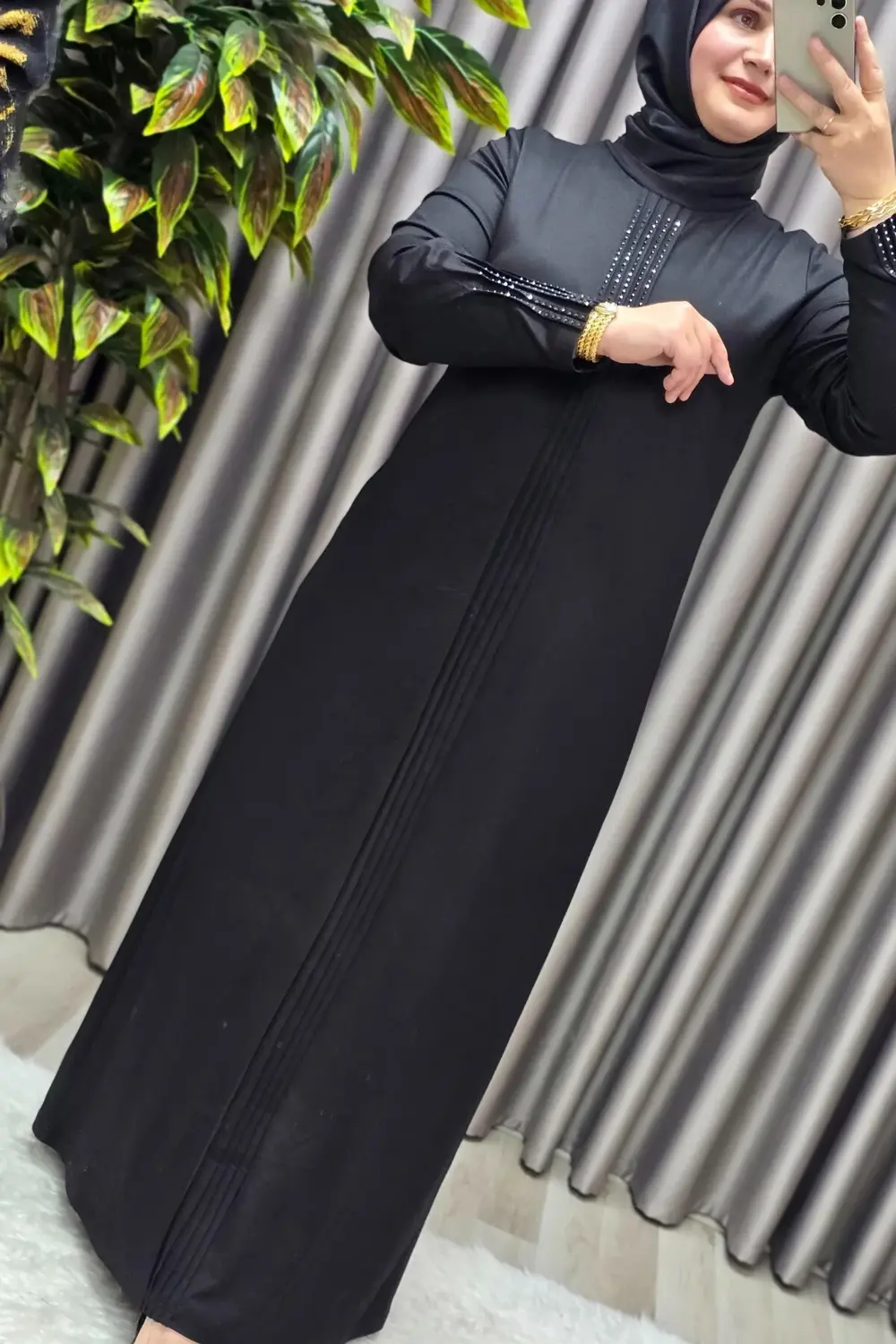 Kadın Giyim Büyük Beden Kolu Nevrür Taşlı Çimalı Elbise