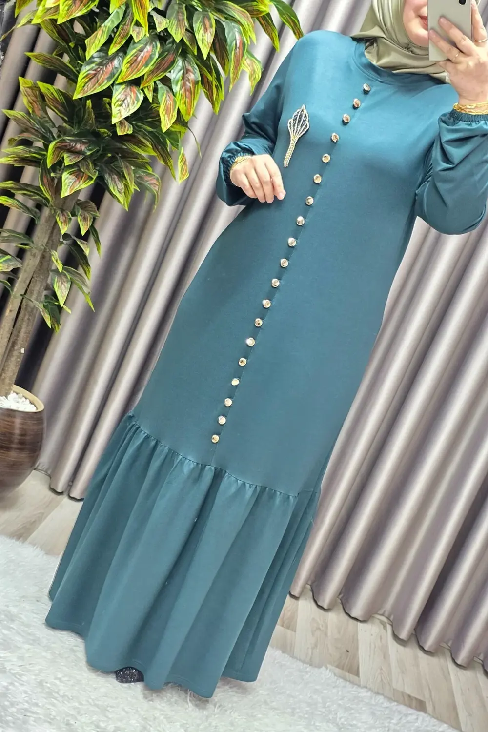 Kadın Giyim Büyük Beden Kristal Düğmeli Elbise