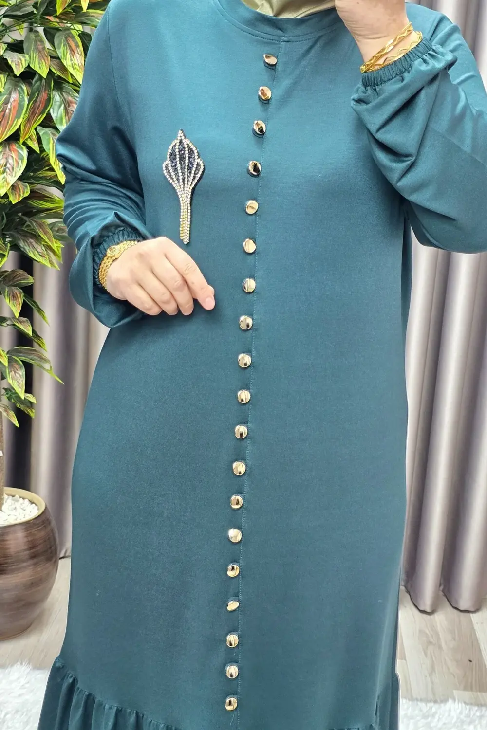 Kadın Giyim Büyük Beden Kristal Düğmeli Elbise