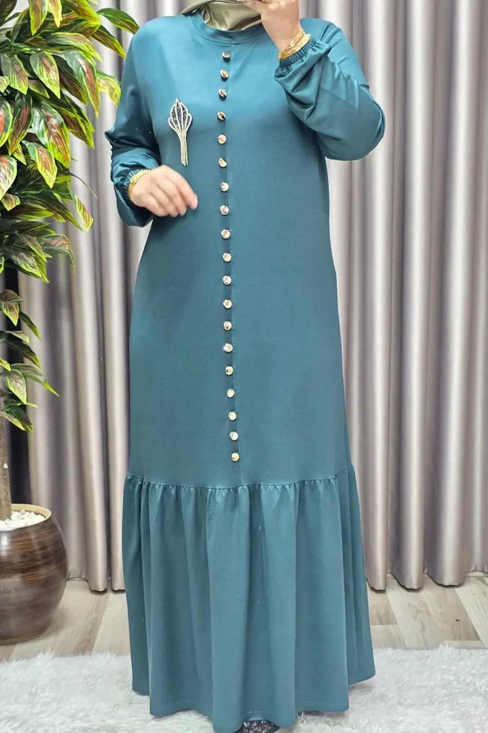 Kadın Giyim Büyük Beden Kristal Düğmeli Elbise