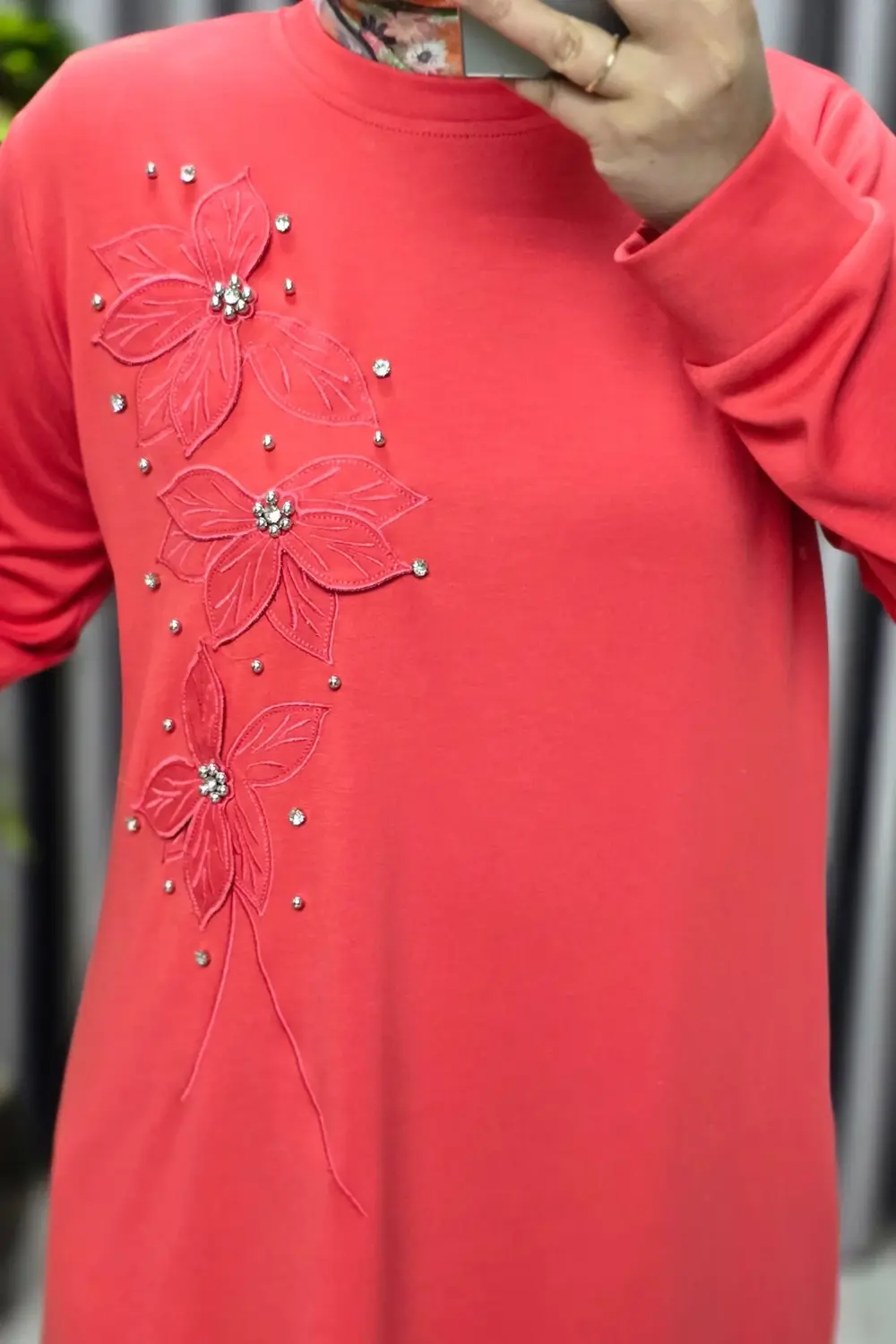 Kadın Giyim Büyük Beden Modal Çiçek Aplik Tunik