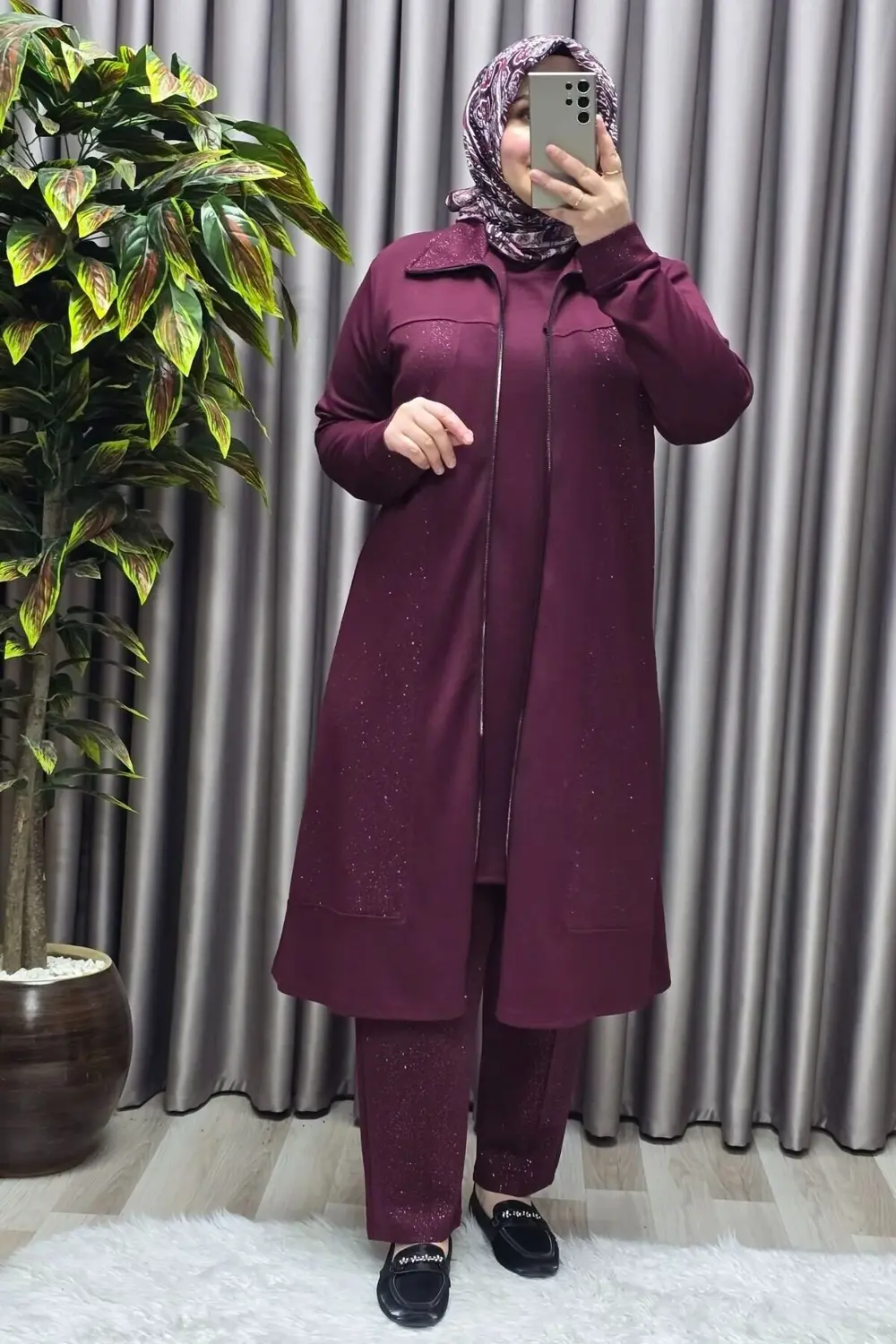 Kadın Giyim Büyük Beden Modal Simli Kap Pantolon İçlik Üçlü Takım