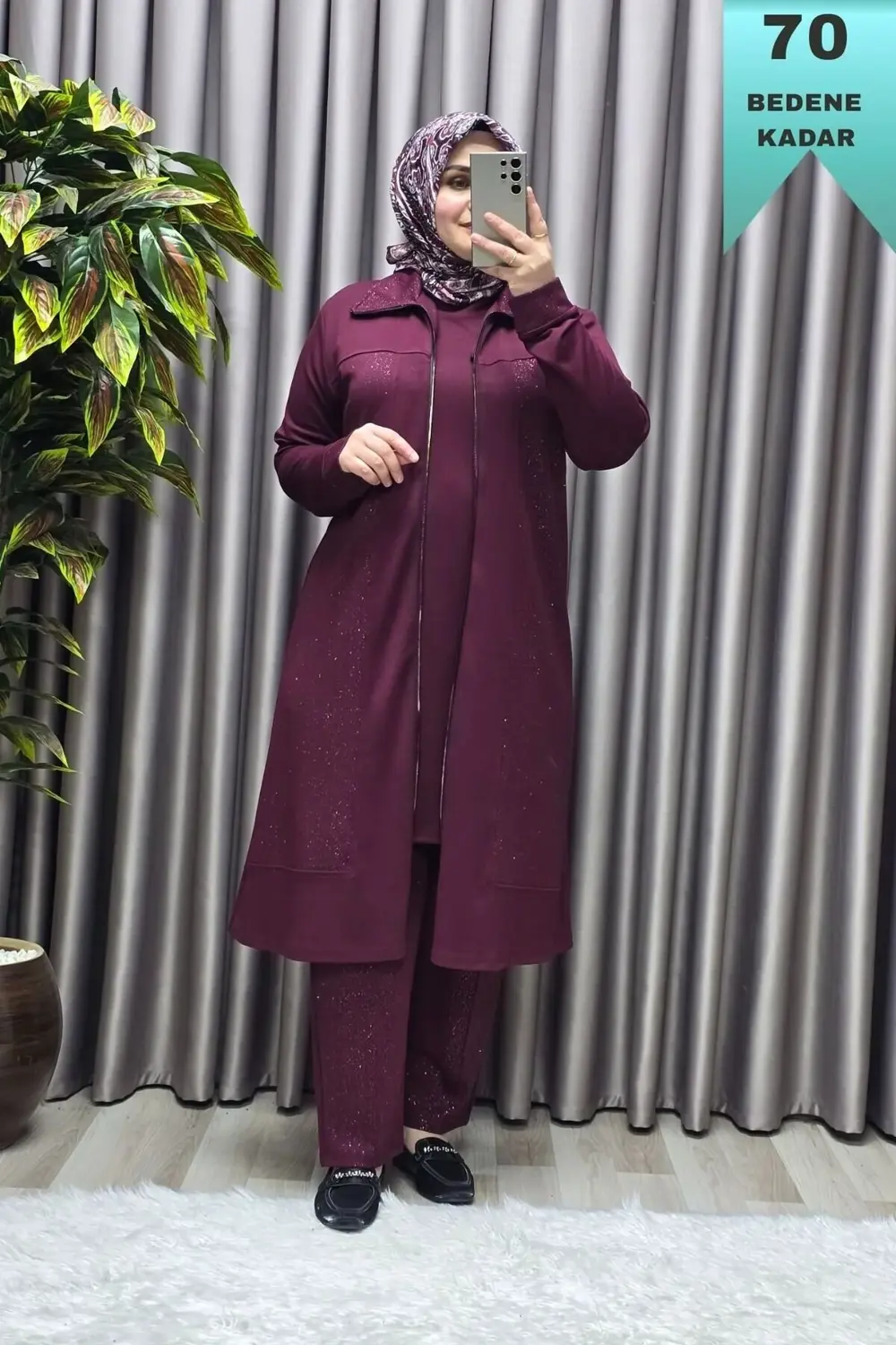 Kadın Giyim Büyük Beden Modal Simli Kap Pantolon İçlik Üçlü Takım