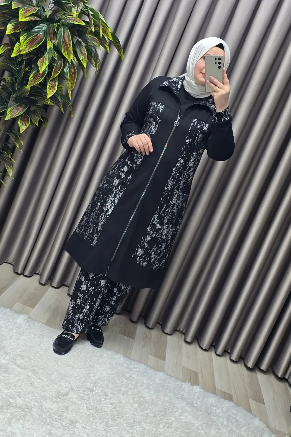 Kadın Giyim Büyük Beden Modal Tesettür Uzun Üçlü Simli Takım