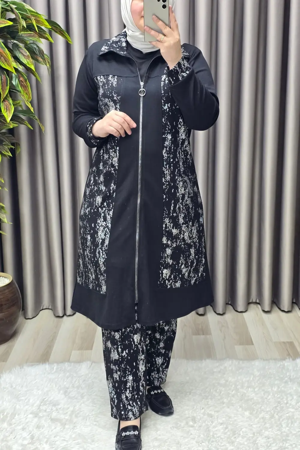 Kadın Giyim Büyük Beden Modal Tesettür Uzun Üçlü Simli Takım