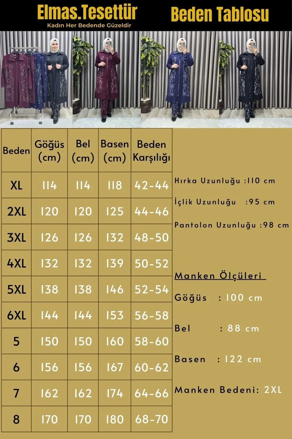 Kadın Giyim Büyük Beden Modal Tesettür Uzun Üçlü Simli Takım