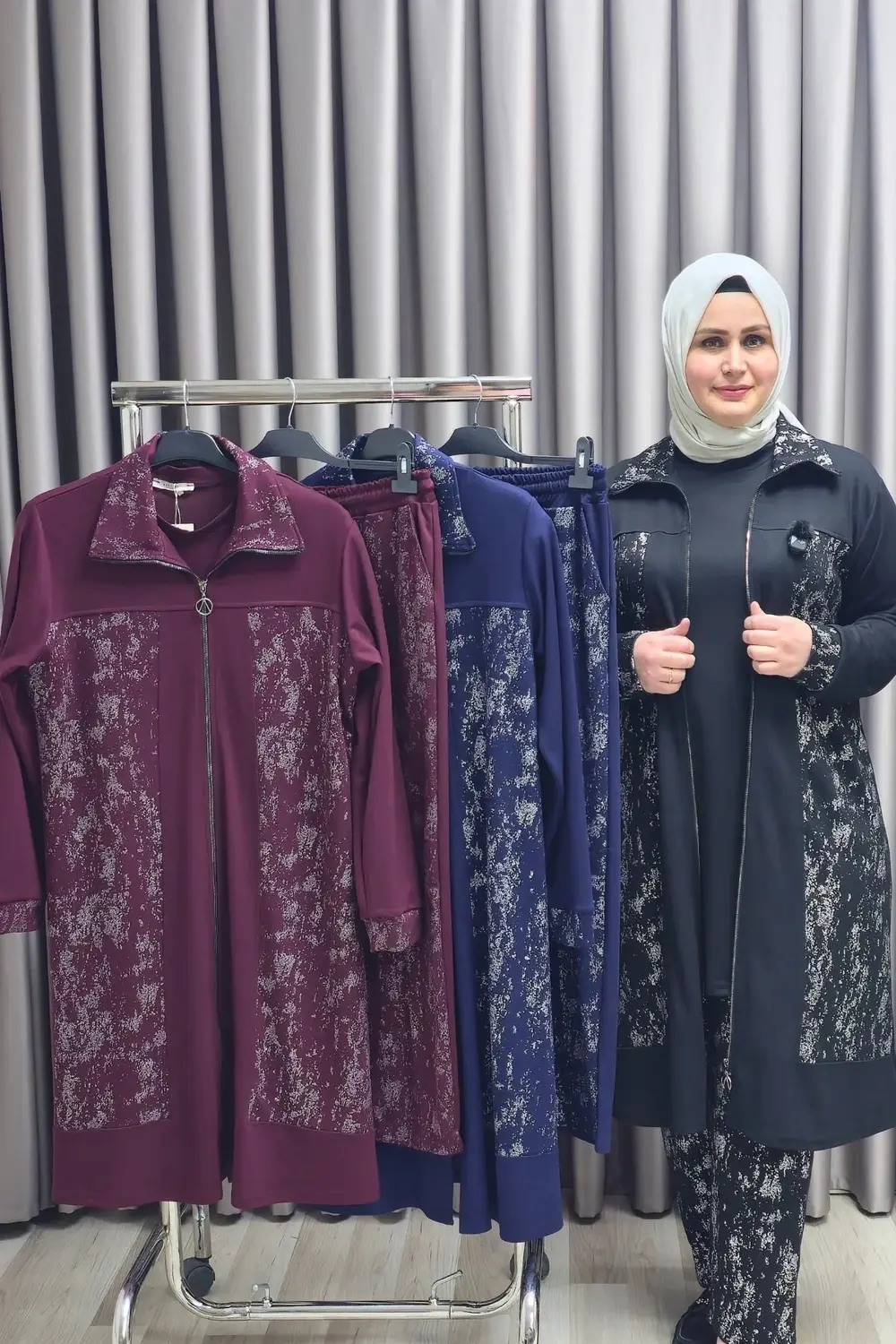 Kadın Giyim Büyük Beden Modal Tesettür Uzun Üçlü Simli Takım