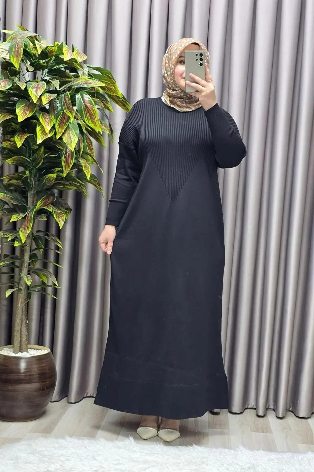 Kadın Giyim Büyük Beden Soğuk Triko Fitilli Elbise