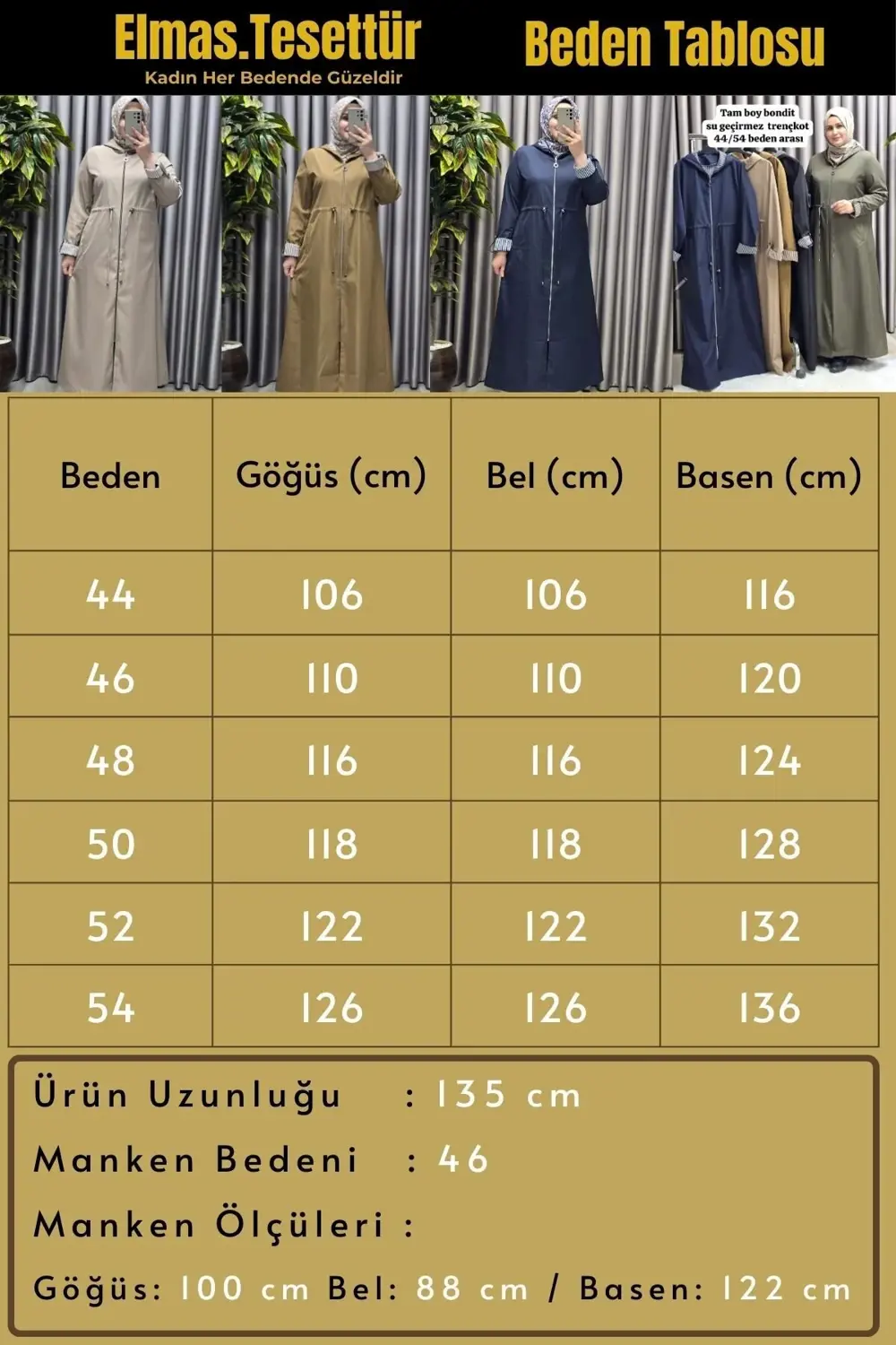 Kadın Giyim Büyük Beden Su Geçirmez Tam Boy Mevsimlik Spor Tesett