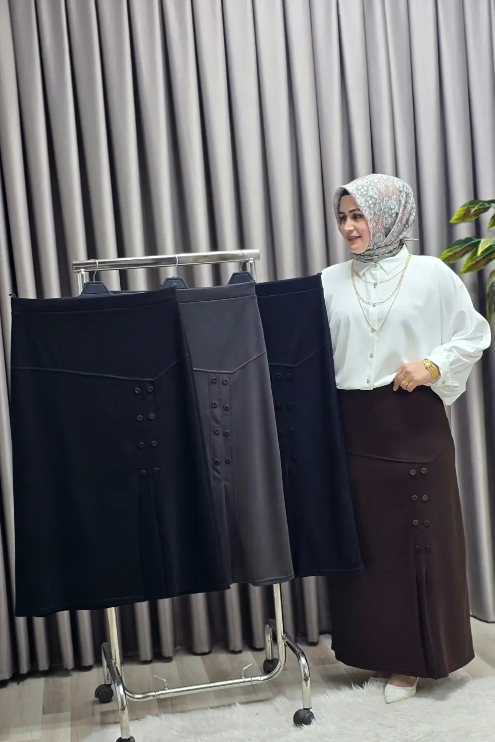 Kadın Giyim Büyük Beden Suna Düğmeli Etek