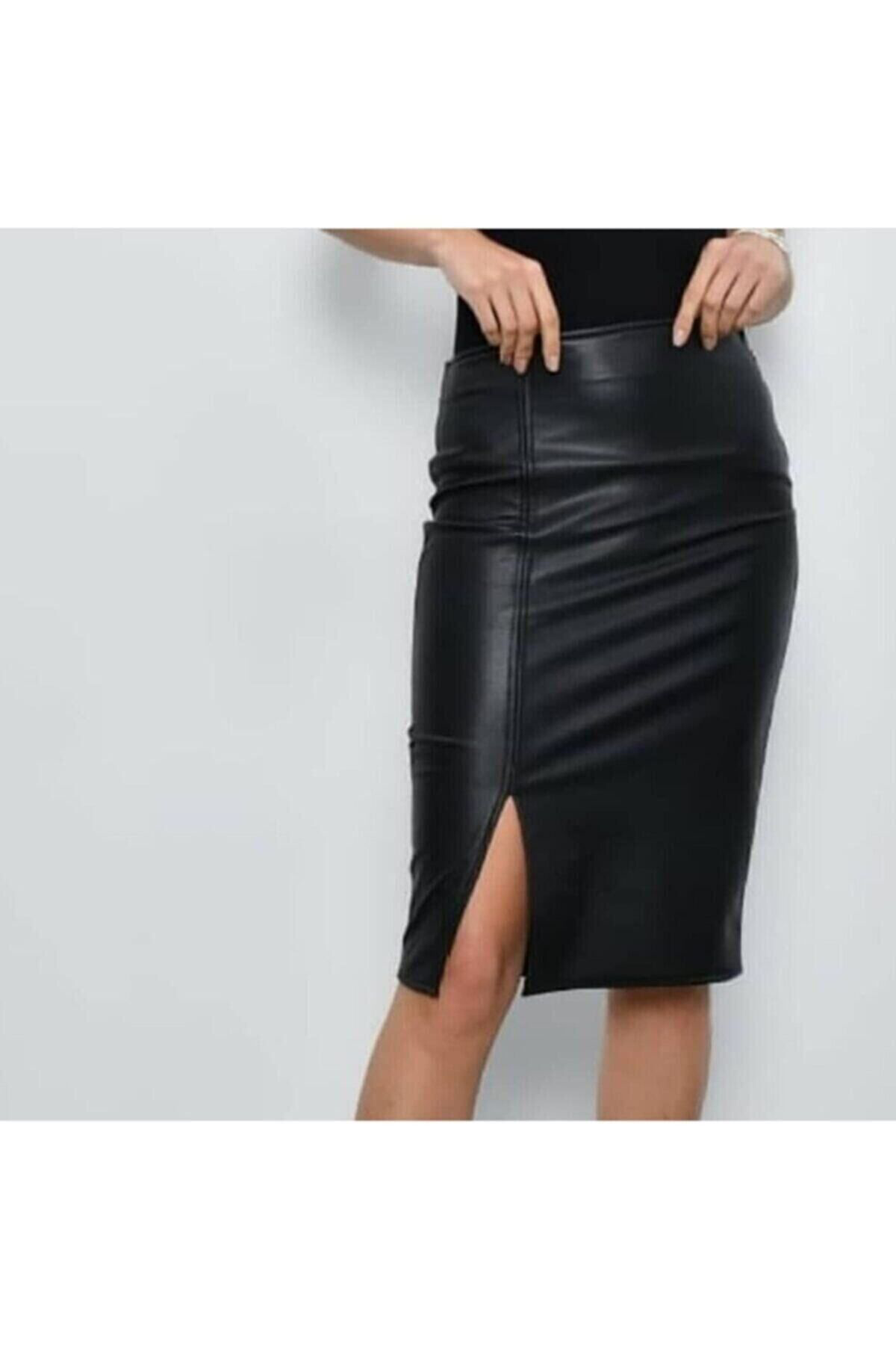Kadın Giyim Deri Yırtmaçlı Kalem Etek