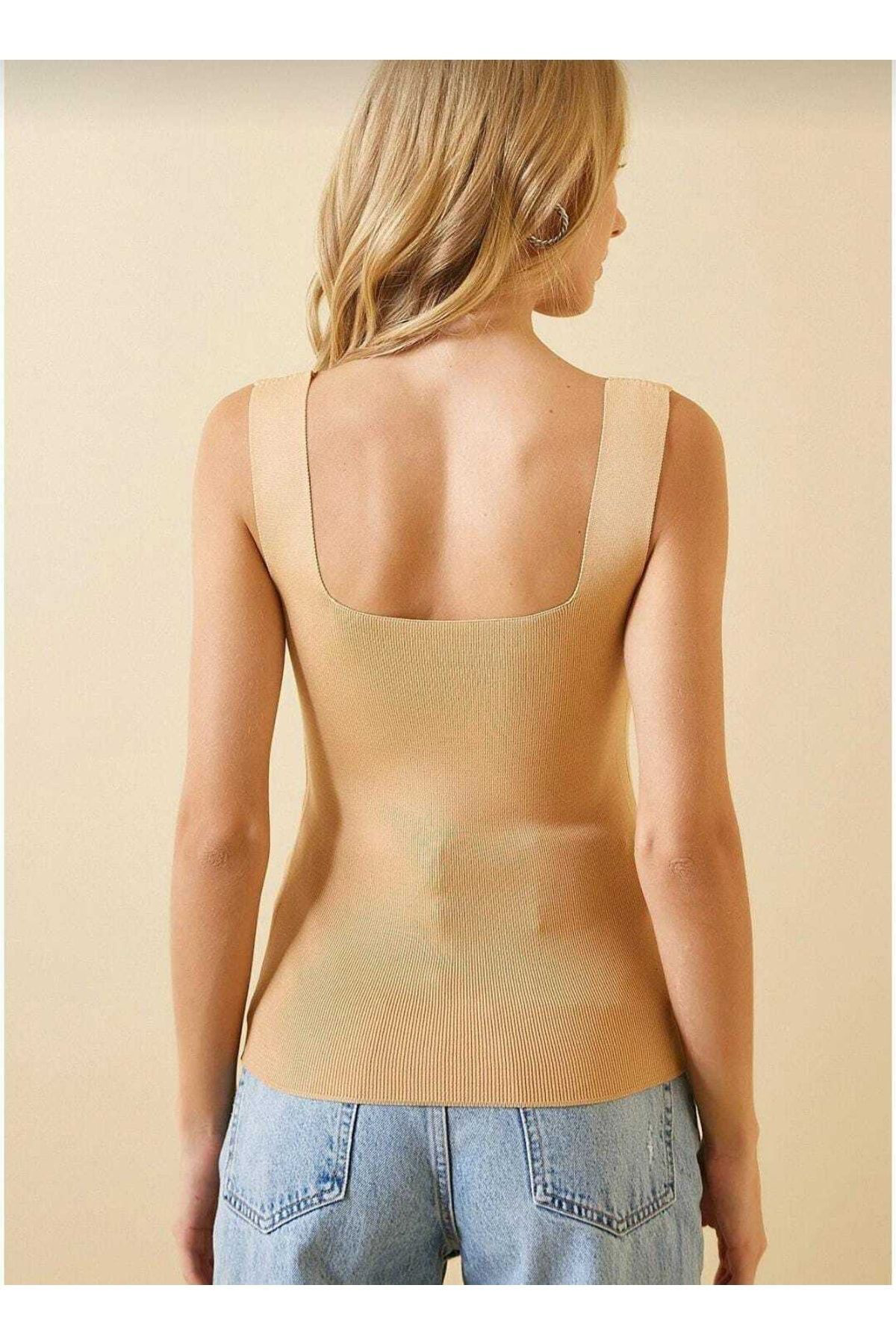 Kadın Giyim Kare Yaka Kalın Askılı Crop Bluz