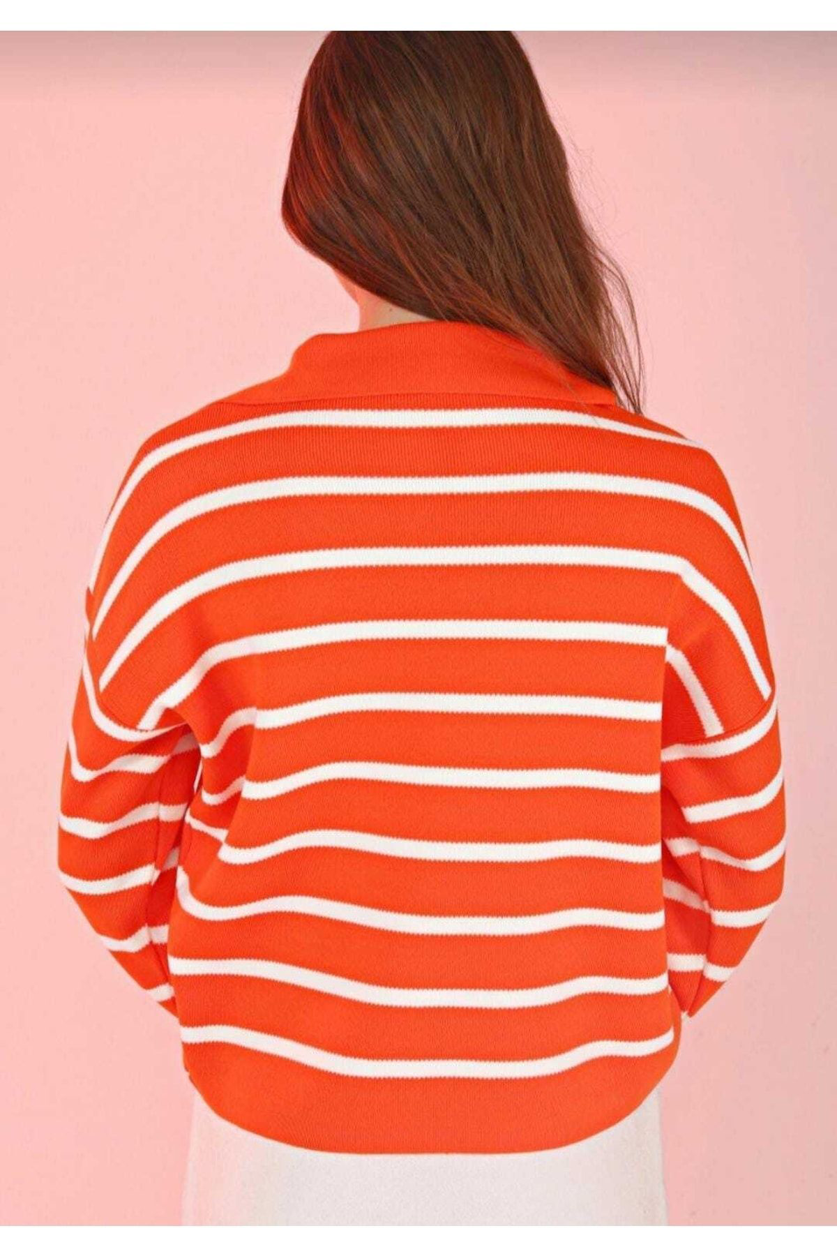 Kadın Giyim Polo Yaka Çizgi Desenli Örme Triko Kazak