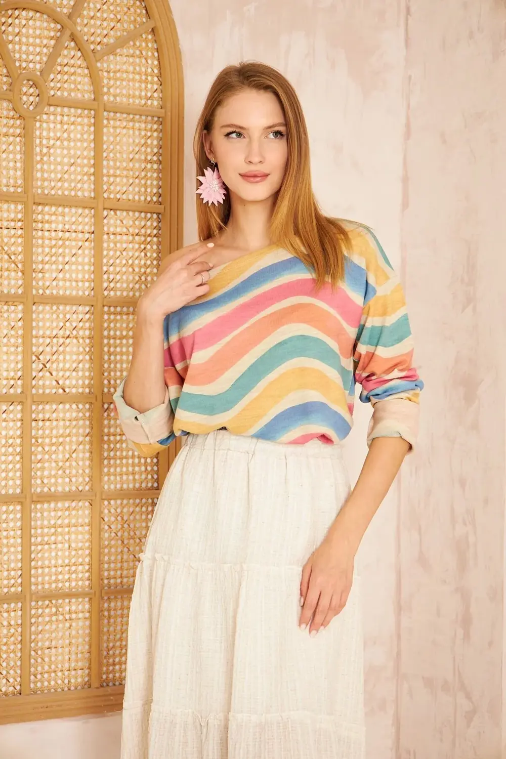 Kadın Gökkuşağı Miks Ekstra Salaş Oversize Geniş Kayık Yaka Desen