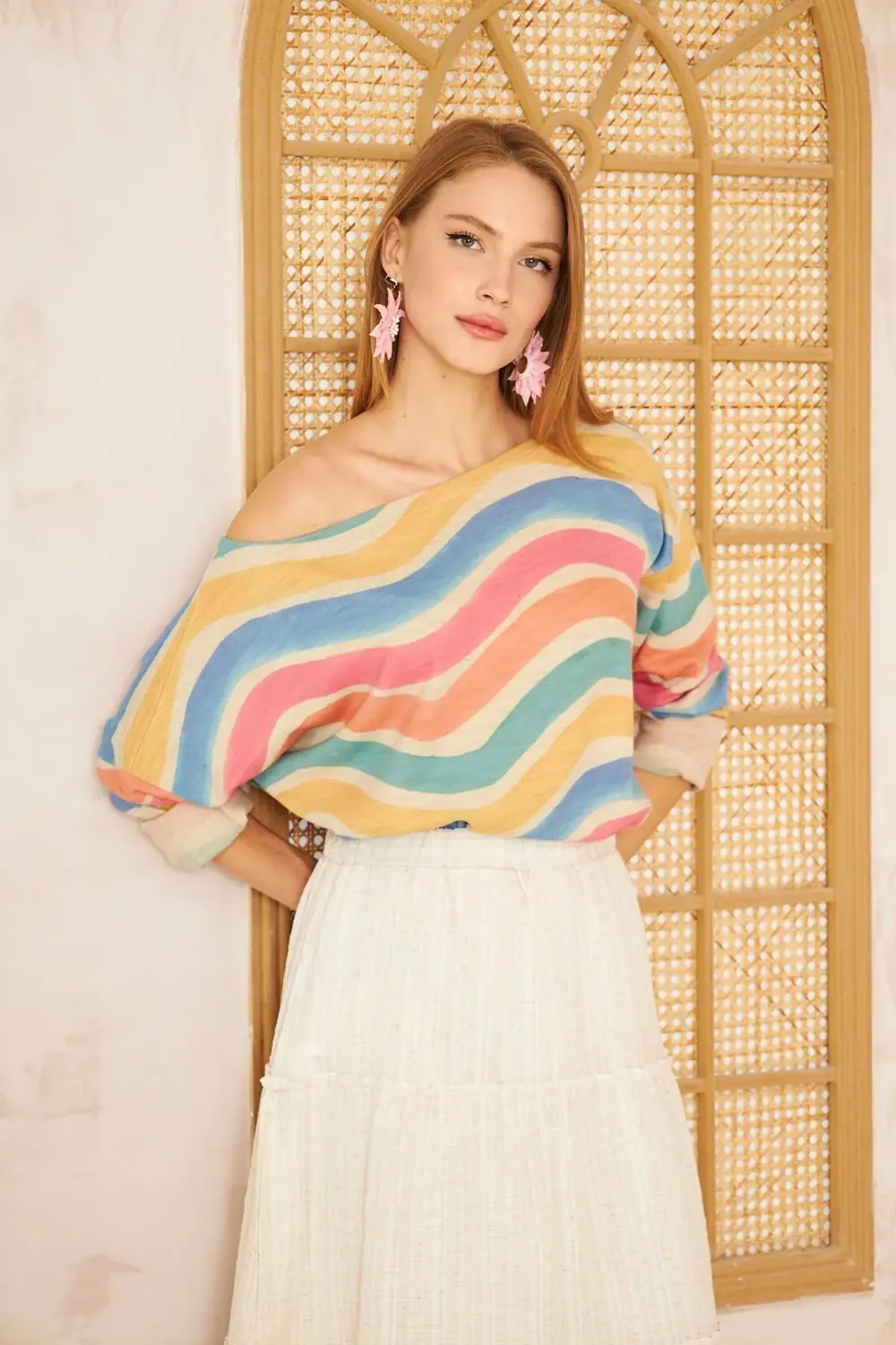 Kadın Gökkuşağı Miks Ekstra Salaş Oversize Geniş Kayık Yaka Desen