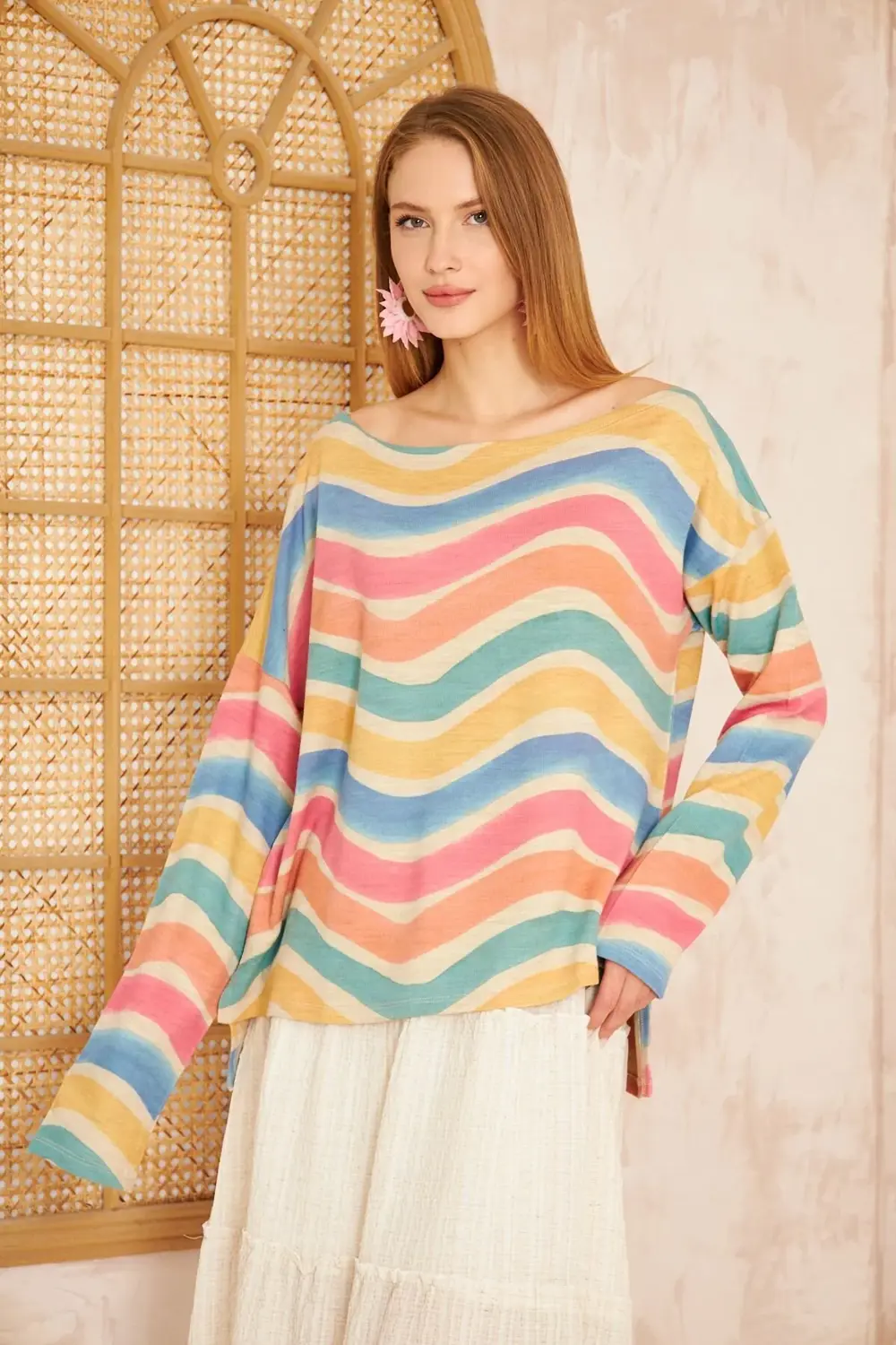 Kadın Gökkuşağı Miks Ekstra Salaş Oversize Geniş Kayık Yaka Desen