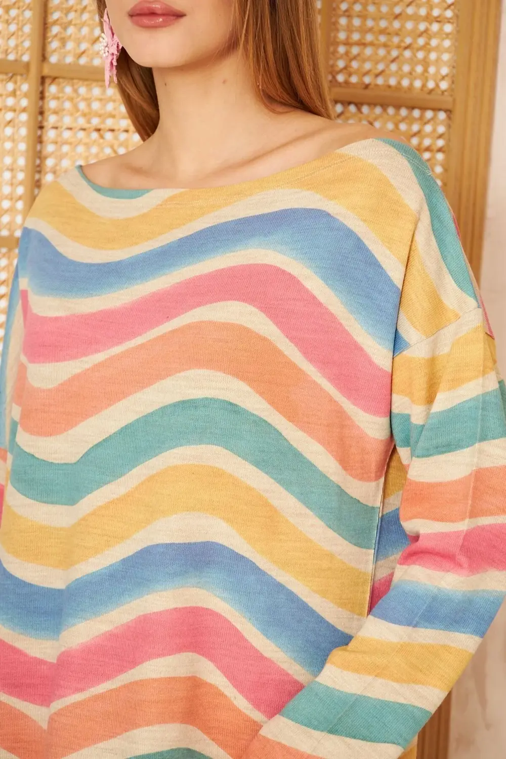Kadın Gökkuşağı Miks Ekstra Salaş Oversize Geniş Kayık Yaka Desen