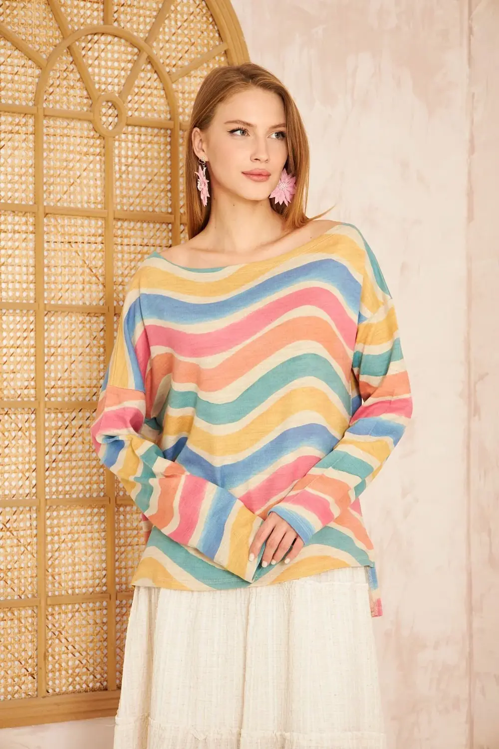 Kadın Gökkuşağı Miks Ekstra Salaş Oversize Geniş Kayık Yaka Desen