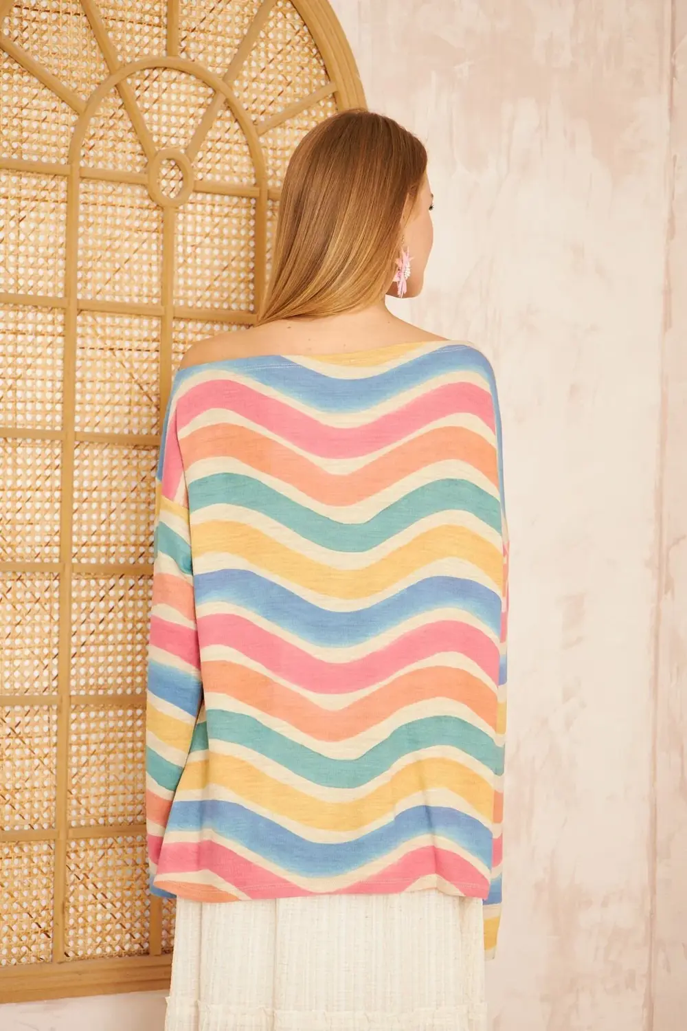 Kadın Gökkuşağı Miks Ekstra Salaş Oversize Geniş Kayık Yaka Desen