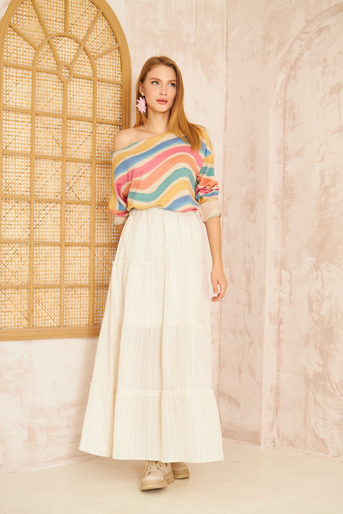 Pasaklı Giyim Kadın Gökkuşağı Miks Ekstra Salaş Oversize Geniş Kayık Yaka Desen