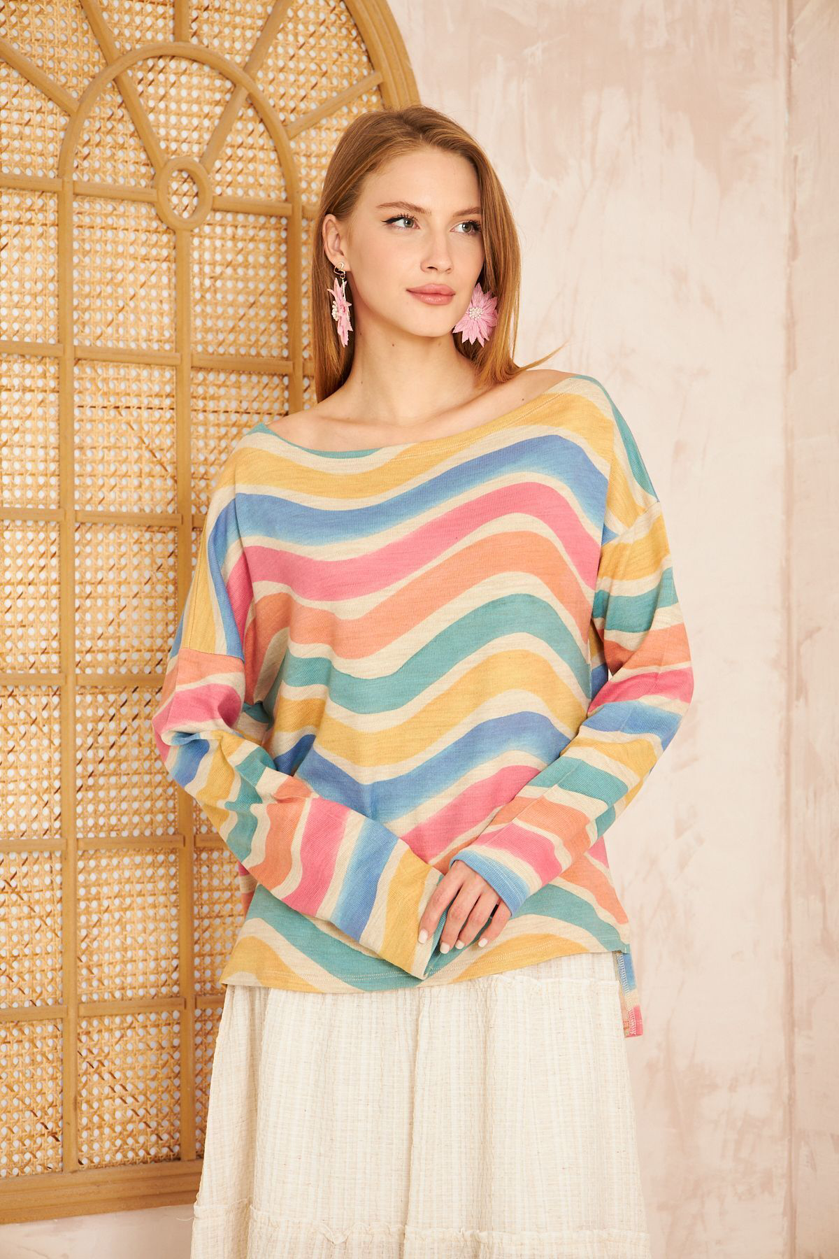 Pasaklı Giyim Kadın Gökkuşağı Miks Ekstra Salaş Oversize Geniş Kayık Yaka Desen