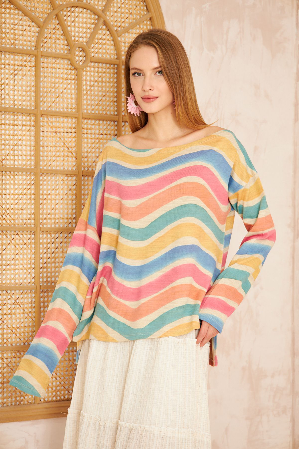 Pasaklı Giyim Kadın Gökkuşağı Miks Ekstra Salaş Oversize Geniş Kayık Yaka Desen