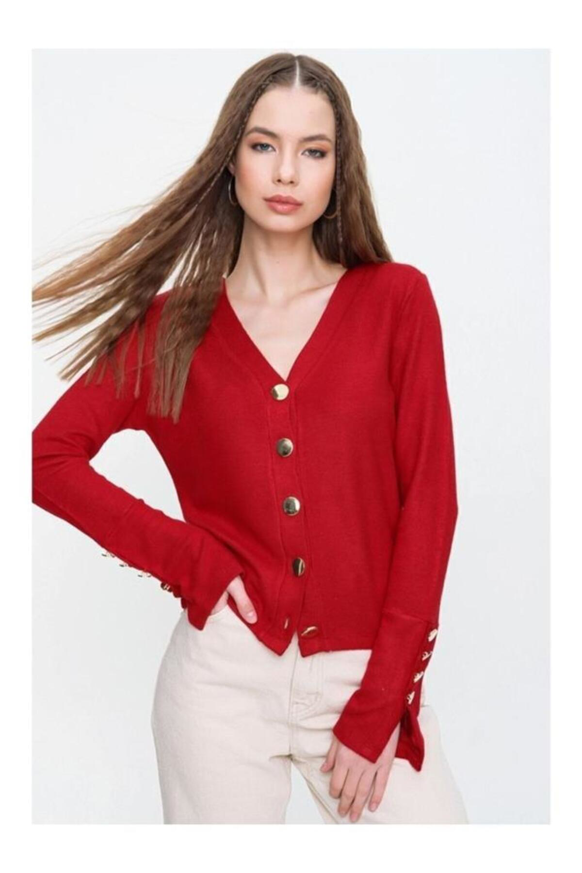 Kadın Gold Düğme Detaylı Yumuşak Dokulu Triko Hırka 3007230