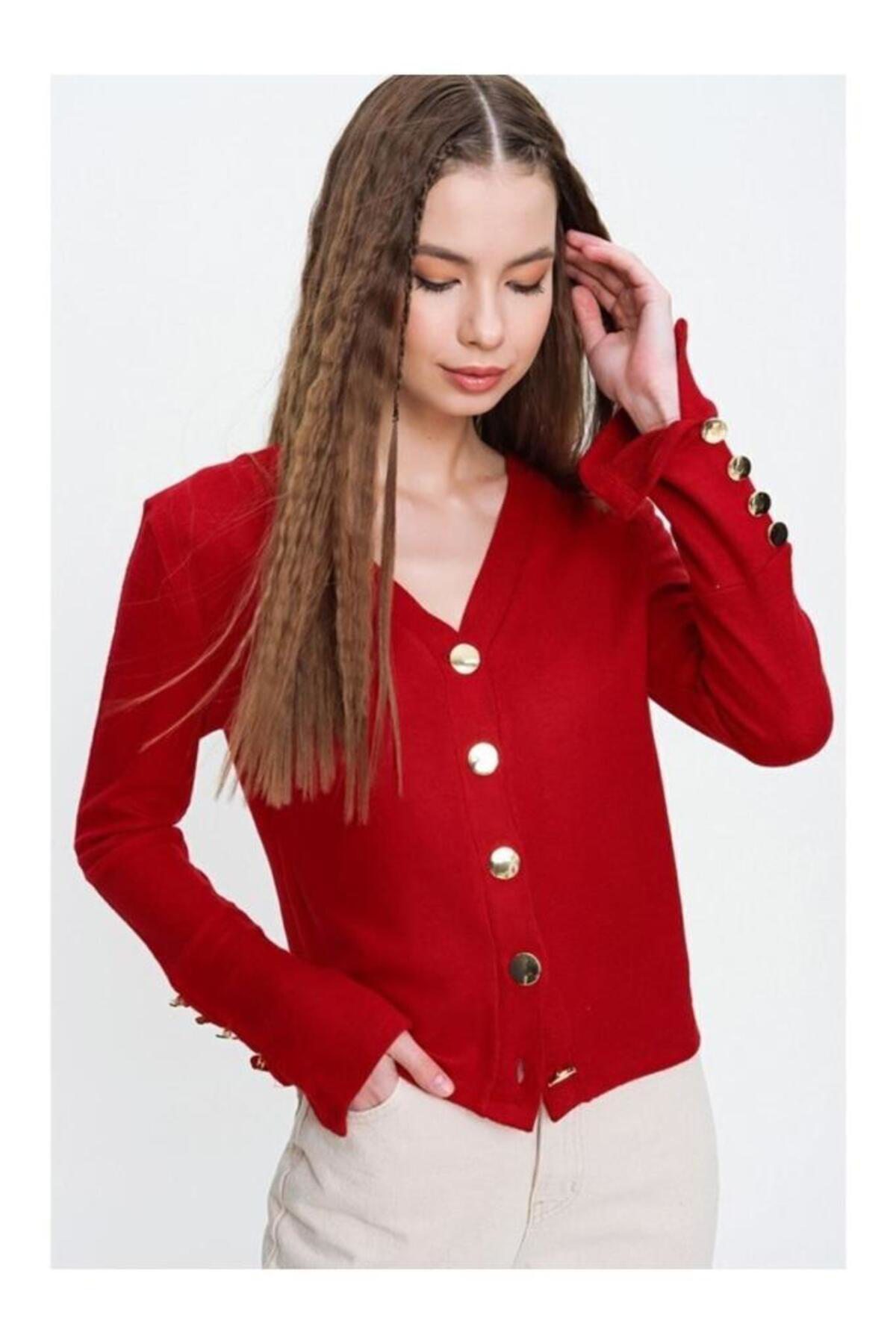 Kadın Gold Düğme Detaylı Yumuşak Dokulu Triko Hırka 3007230