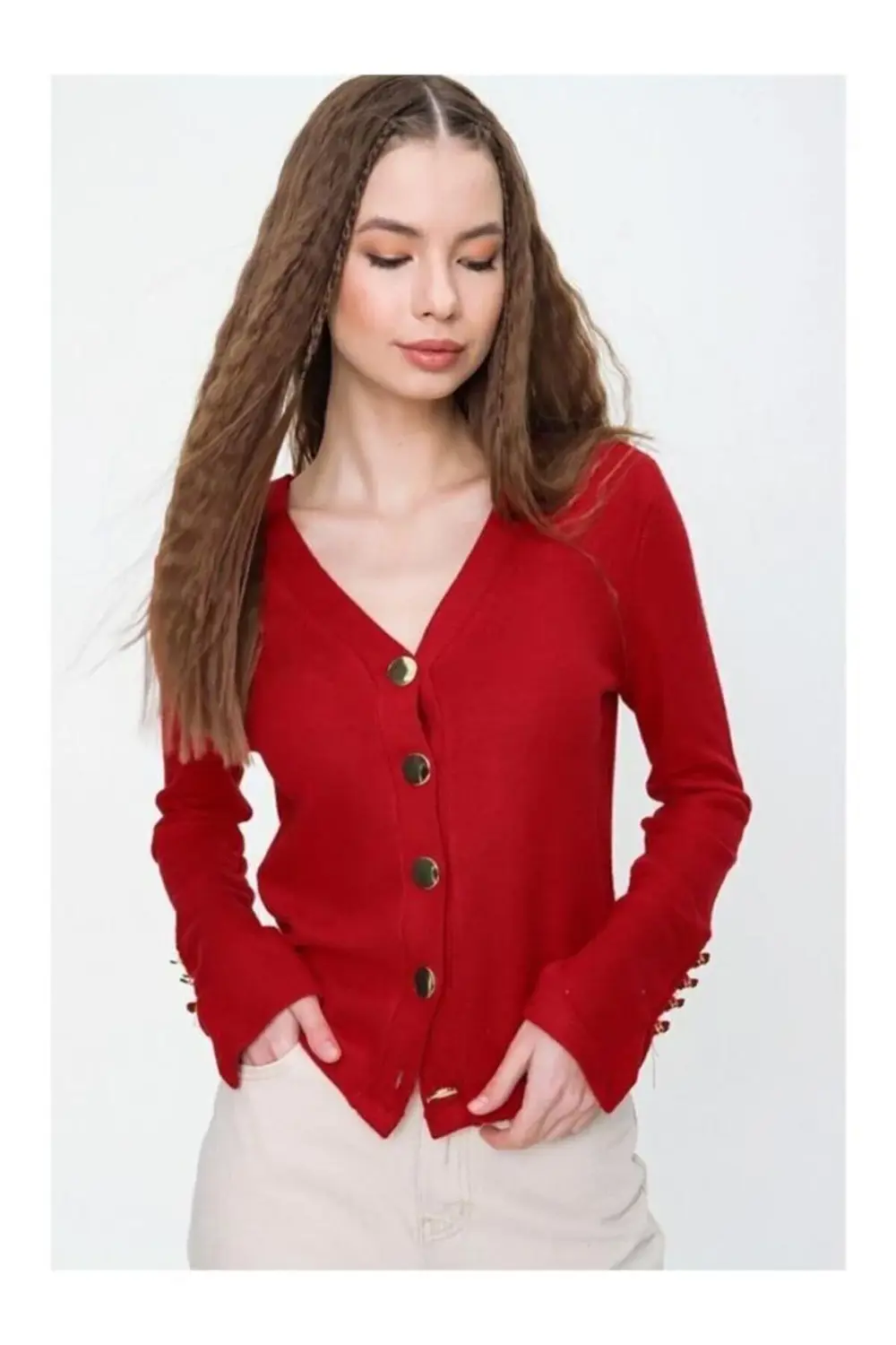 Kadın Gold Düğme Detaylı Yumuşak Dokulu Triko Hırka 3007230