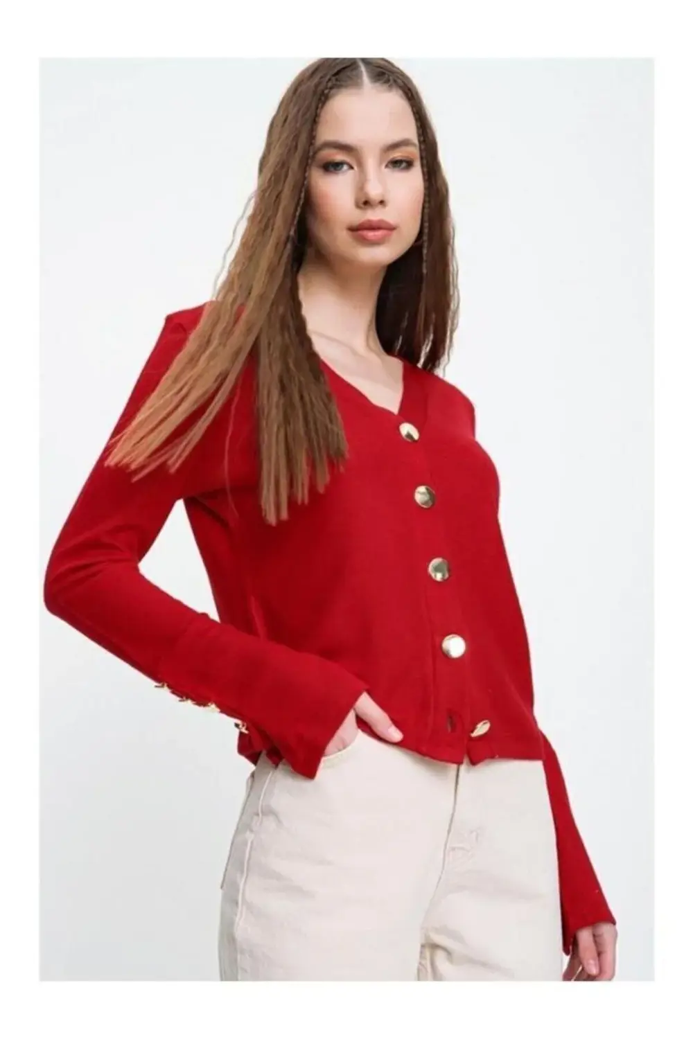 Kadın Gold Düğme Detaylı Yumuşak Dokulu Triko Hırka 3007230