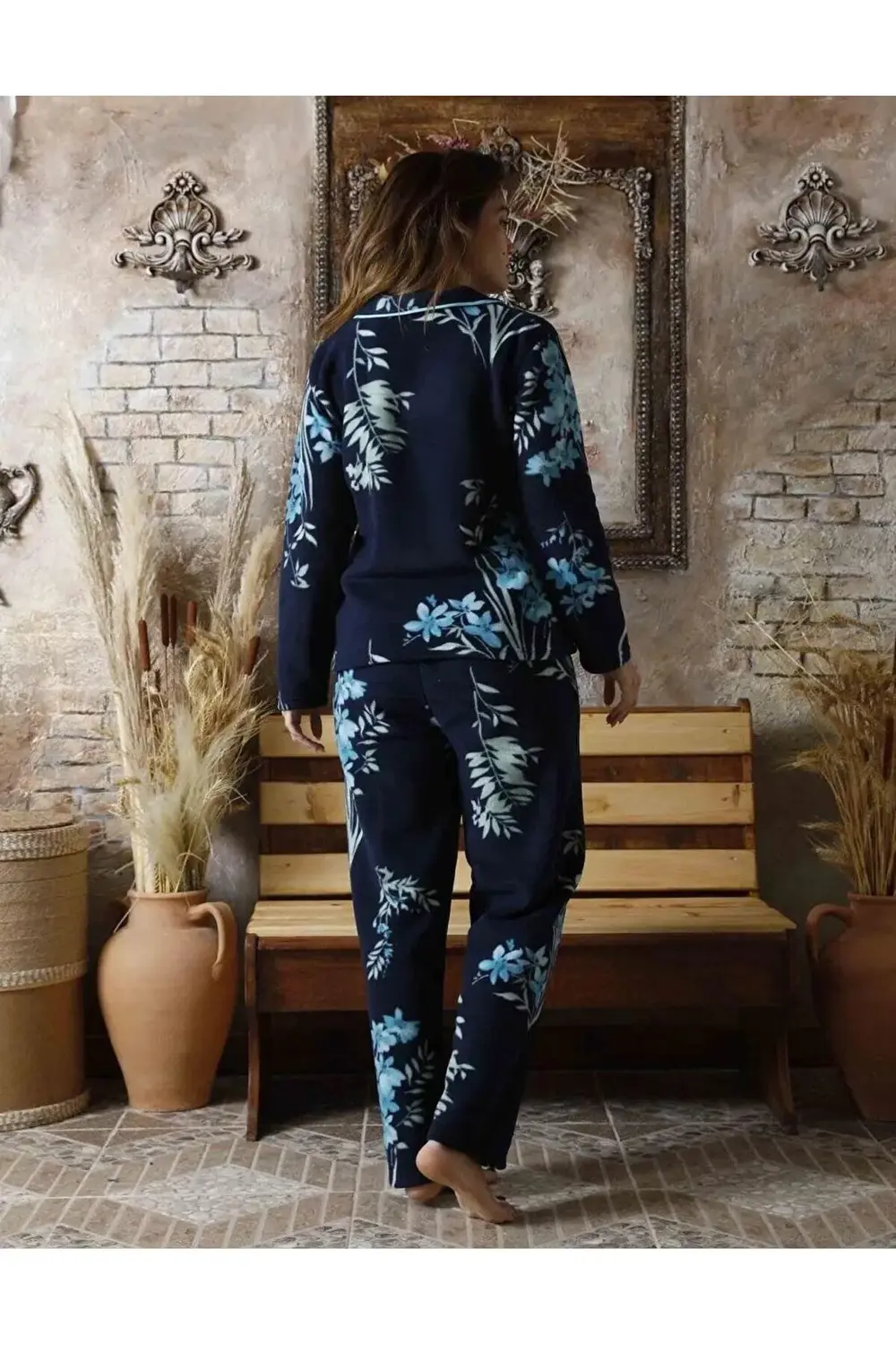 Kadın Gömlek Önden Düğmeli Polar Desenli Pijama Takımı P200/1- 1