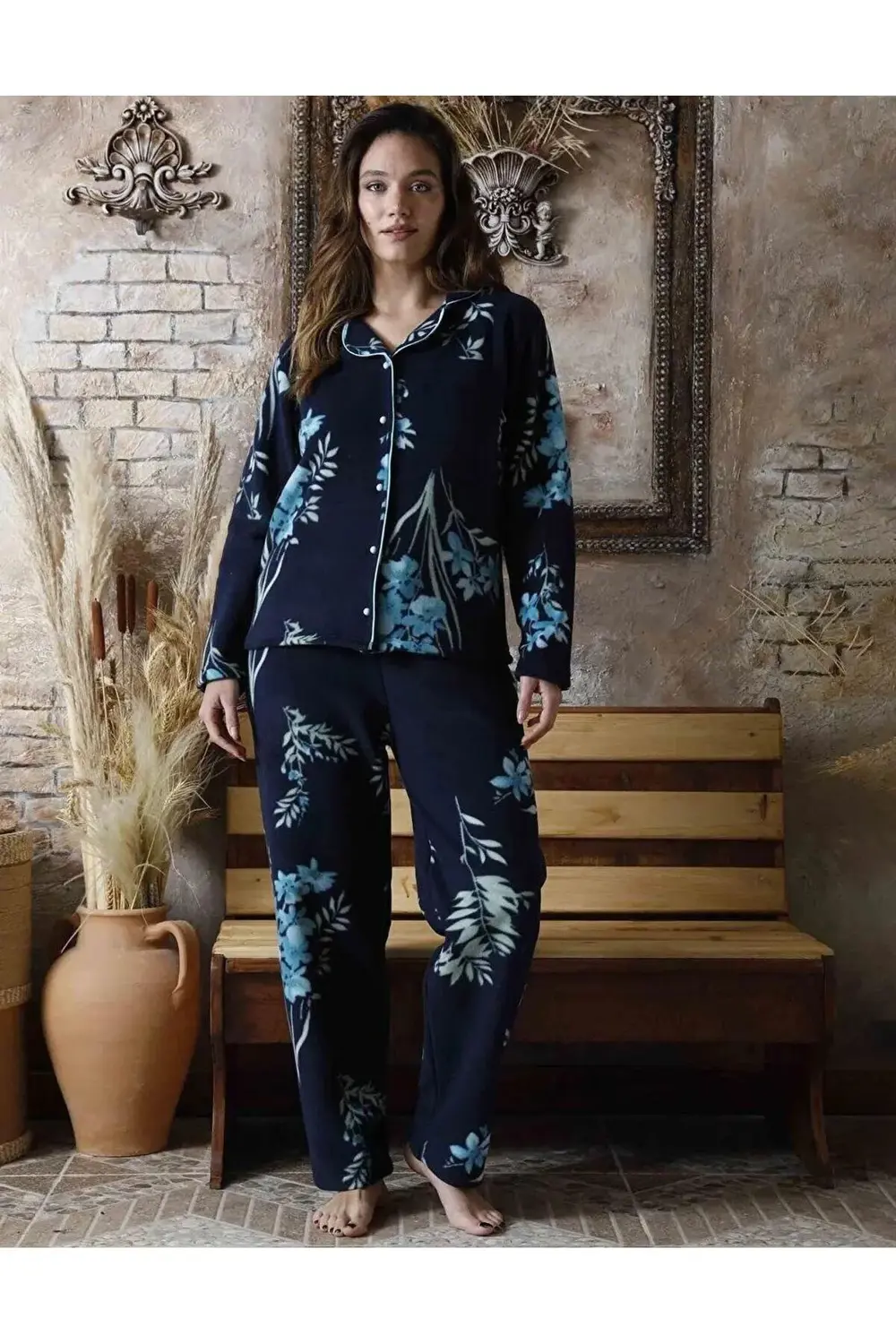 Kadın Gömlek Önden Düğmeli Polar Desenli Pijama Takımı P200/1- 1