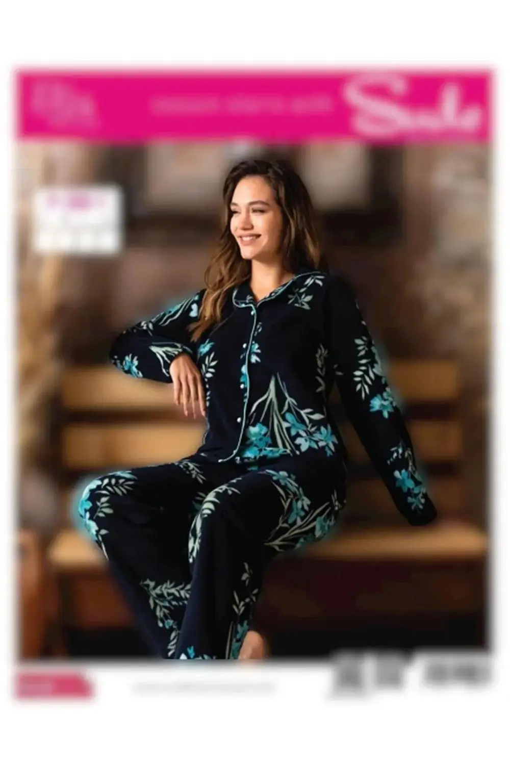 Kadın Gömlek Önden Düğmeli Polar Desenli Pijama Takımı P200/1- 1