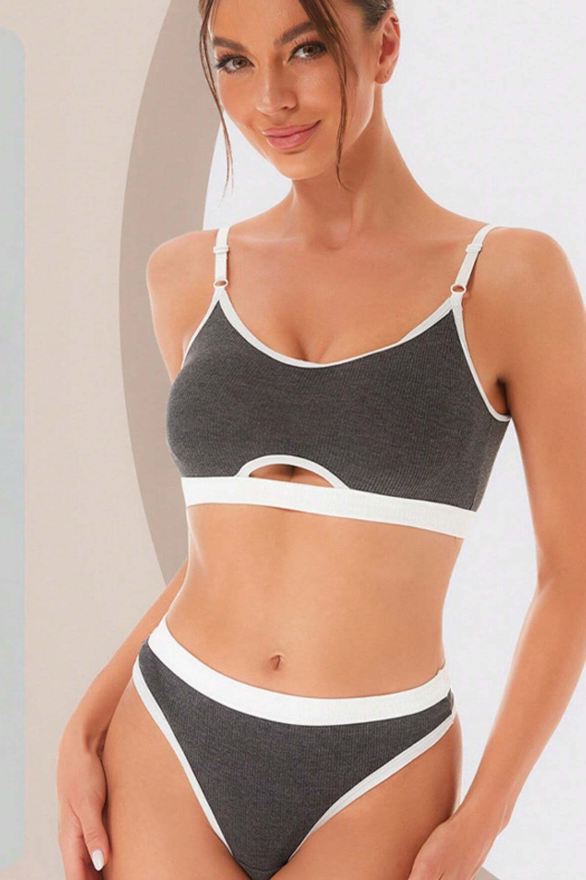 Kadın Gri Antrasit Kaşkorse ve Beyaz Lastikli Cut-Out Tanga Külot