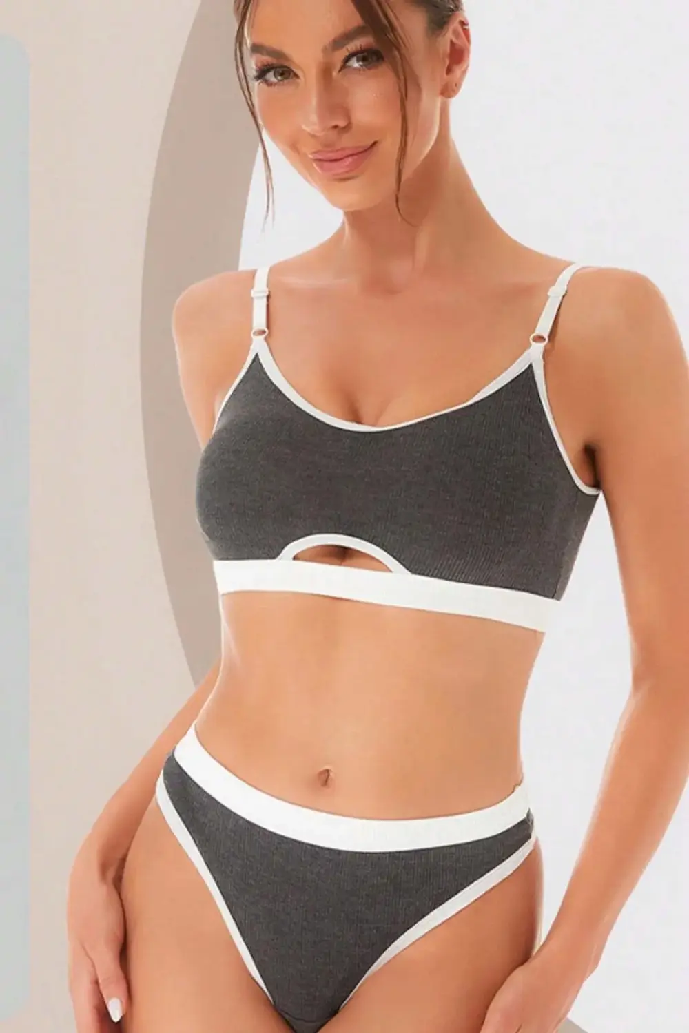 Kadın Gri Antrasit Kaşkorse Ve Beyaz Lastikli Cut-out Tanga Külot
