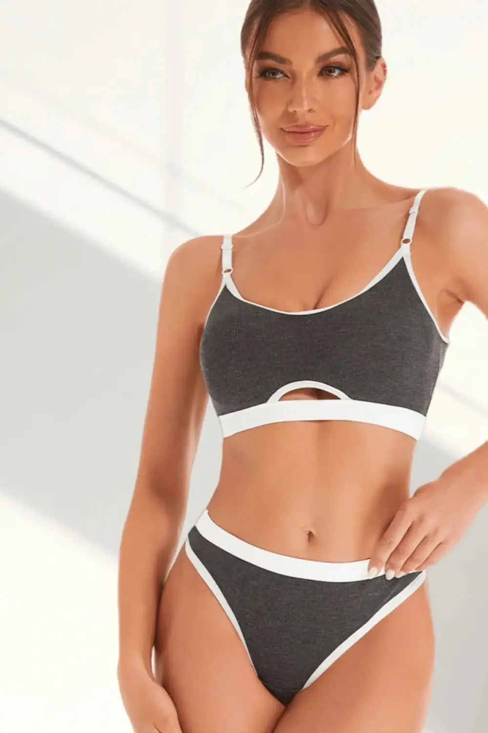 Kadın Gri Antrasit Kaşkorse Ve Beyaz Lastikli Cut-out Tanga Külot