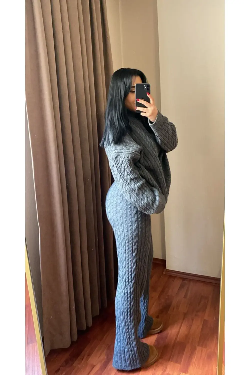 Kadın Gri Atkılı Saç Örgülü Pantolon Kazak Triko 3'lü Takım