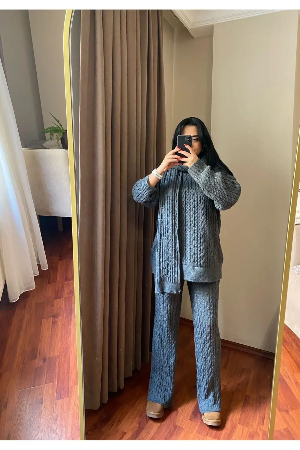 Kadın Gri Atkılı Saç Örgülü Pantolon Kazak Triko 3'lü Takım