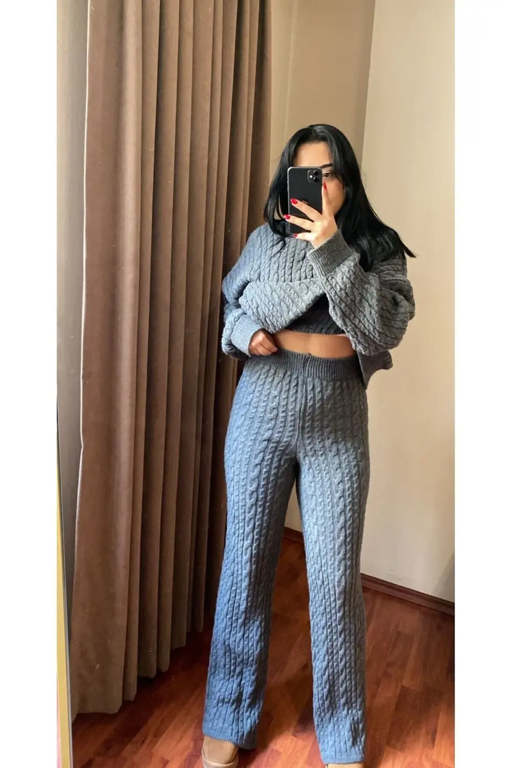 Kadın Gri Atkılı Saç Örgülü Pantolon Kazak Triko 3'lü Takım