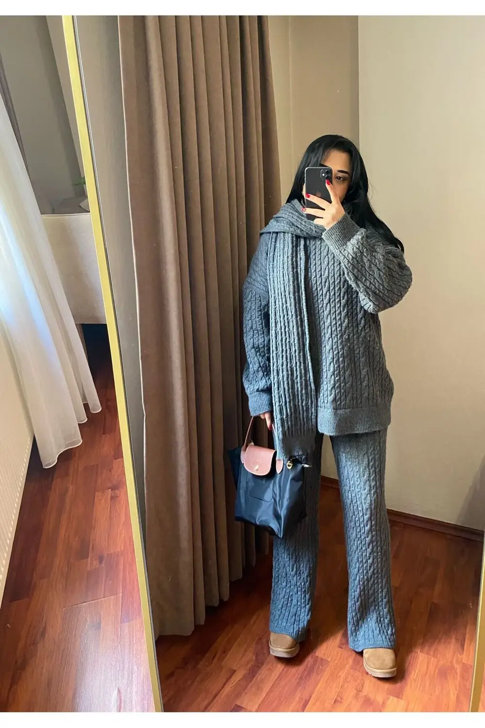 Kadın Gri Atkılı Saç Örgülü Pantolon Kazak Triko 3'lü Takım