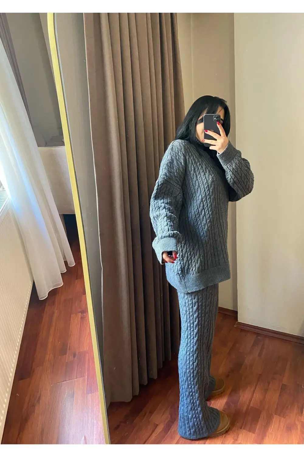 Kadın Gri Atkılı Saç Örgülü Pantolon Kazak Triko 3'lü Takım