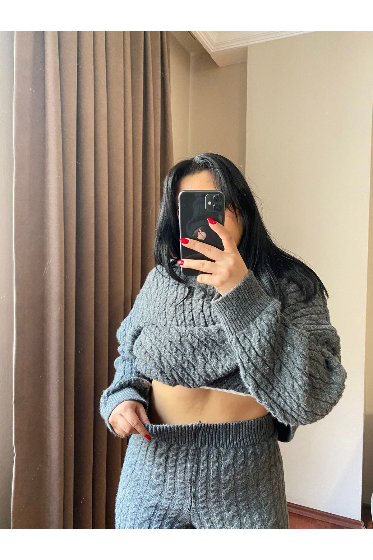 Moda Kadın Gri Atkılı Saç Örgülü Pantolon Kazak Triko 3'Lü Takım