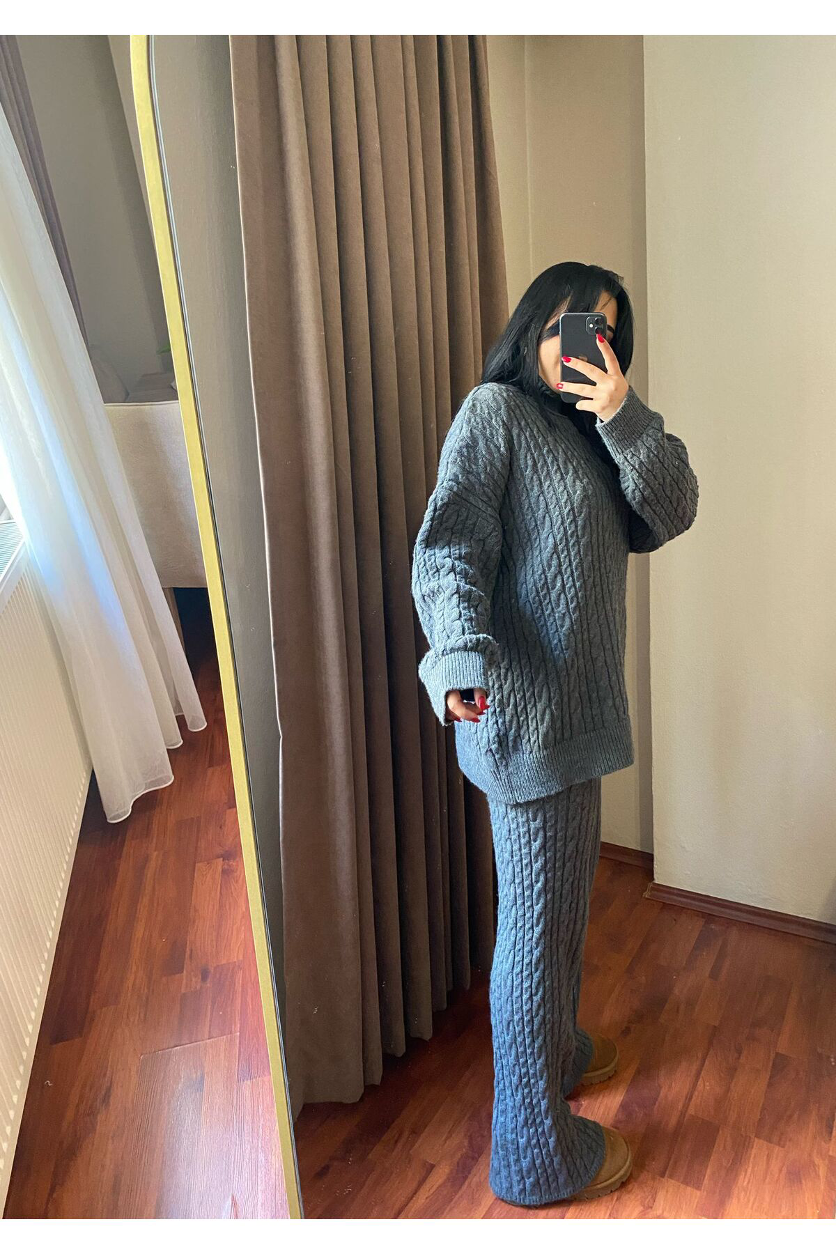 Moda Kadın Gri Atkılı Saç Örgülü Pantolon Kazak Triko 3'Lü Takım