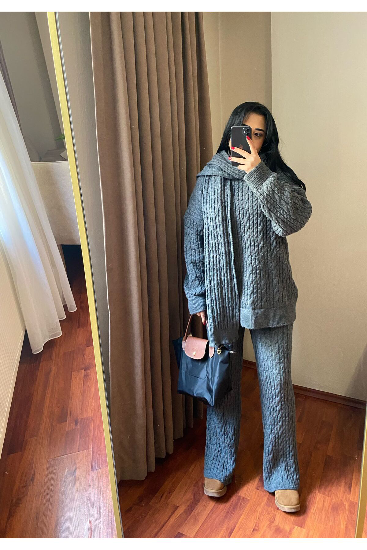 Moda Kadın Gri Atkılı Saç Örgülü Pantolon Kazak Triko 3'Lü Takım