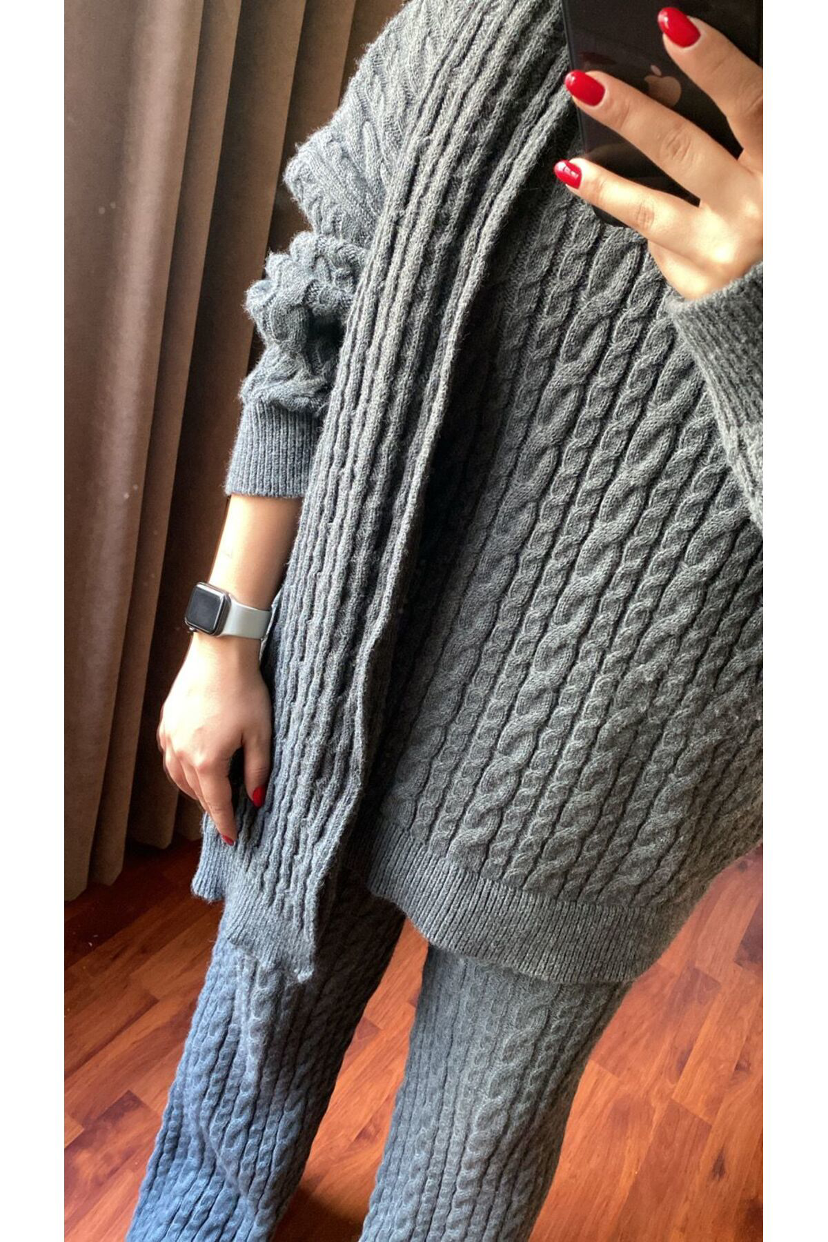 Moda Kadın Gri Atkılı Saç Örgülü Pantolon Kazak Triko 3'Lü Takım