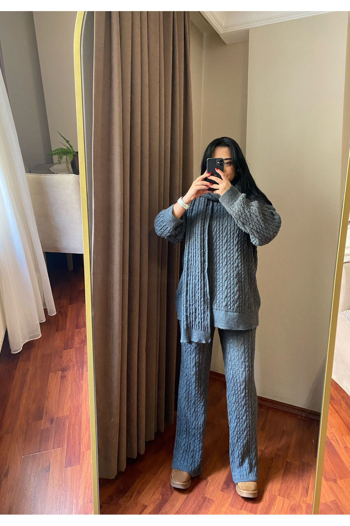 Moda Kadın Gri Atkılı Saç Örgülü Pantolon Kazak Triko 3'Lü Takım