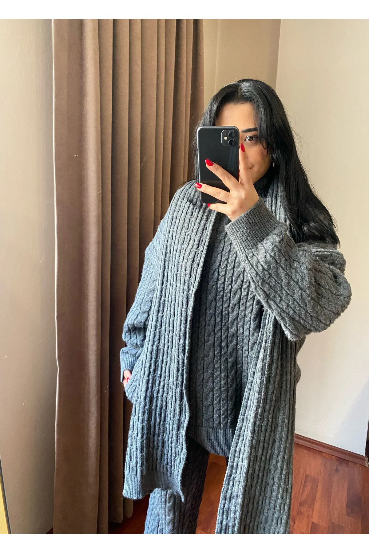 Kadın Gri Atkılı Saç Örgülü Pantolon Kazak Triko 3'lü Takım