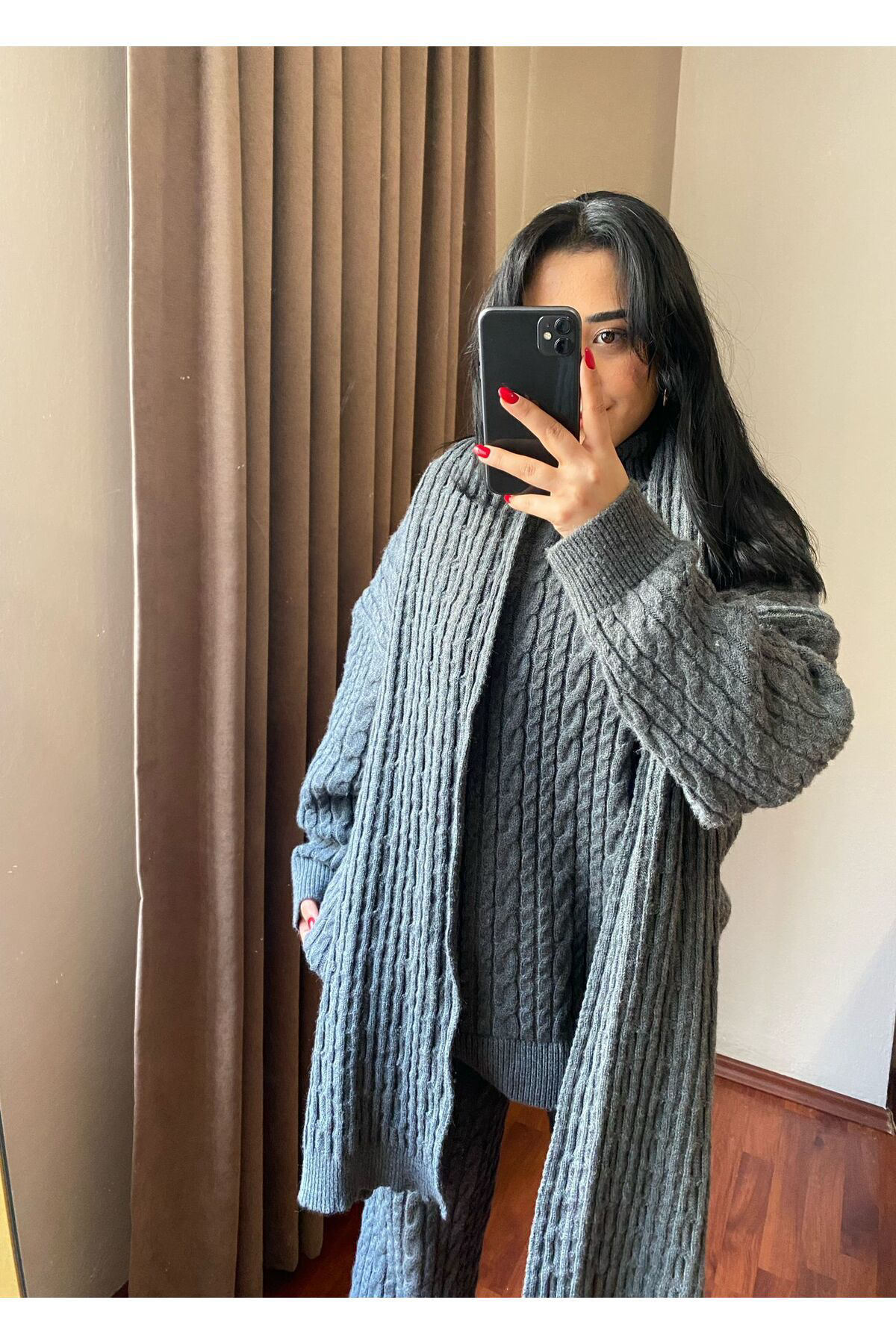 Moda Kadın Gri Atkılı Saç Örgülü Pantolon Kazak Triko 3'Lü Takım