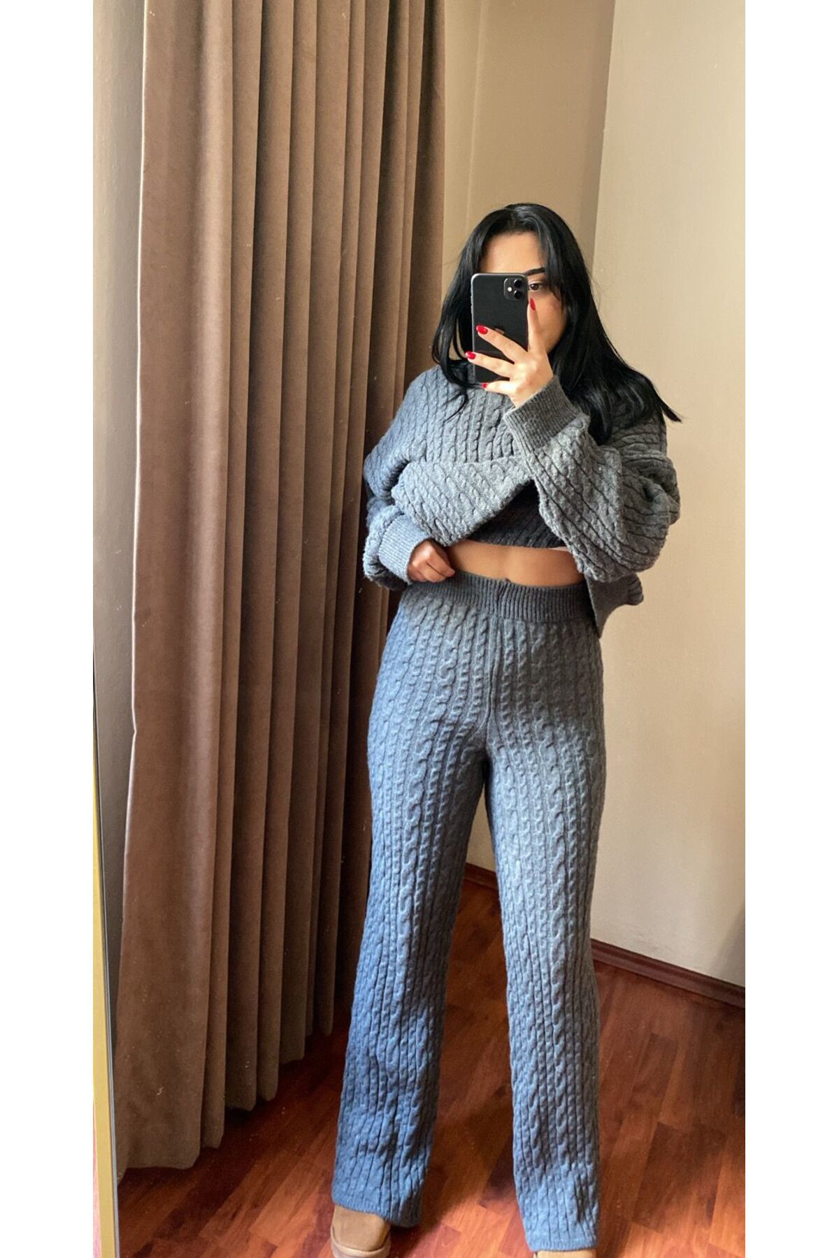 Moda Kadın Gri Atkılı Saç Örgülü Pantolon Kazak Triko 3'Lü Takım