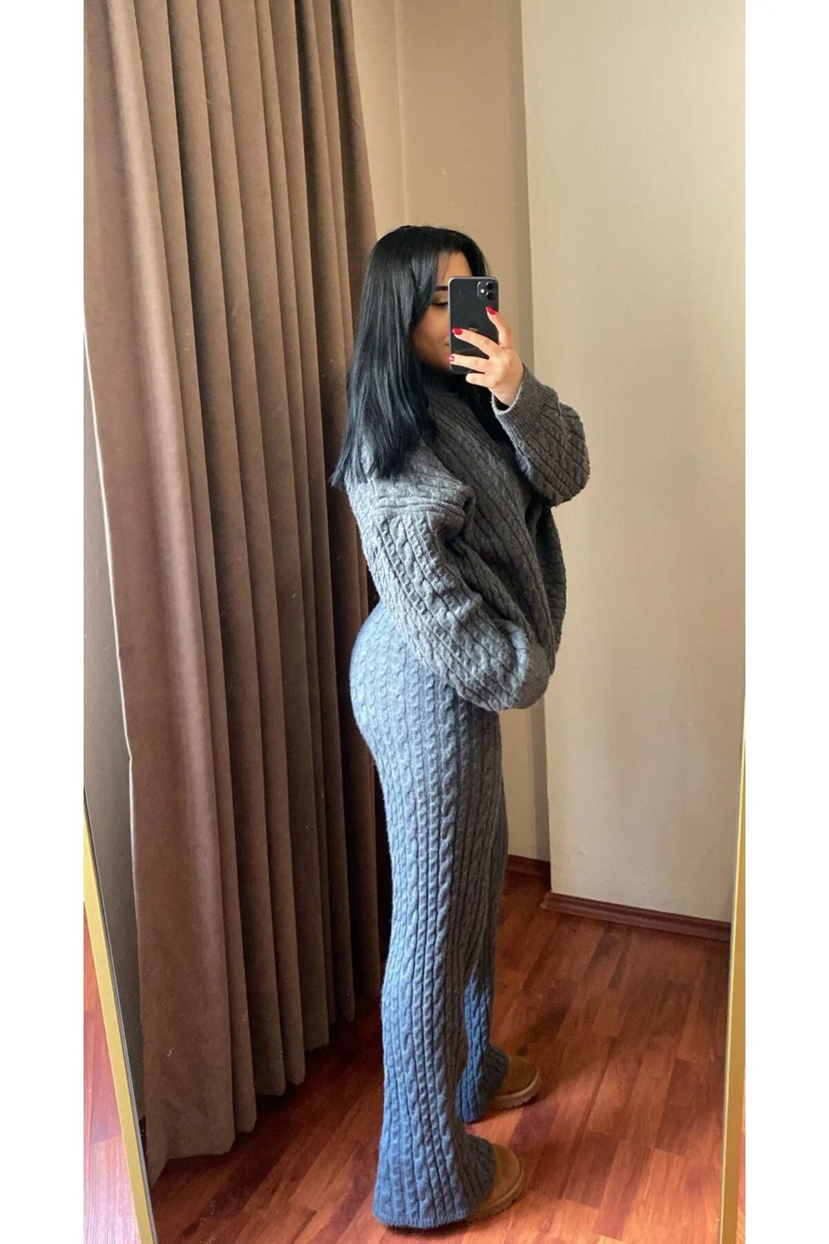 Kadın Gri Atkılı Saç Örgülü Pantolon Kazak Triko 3'lü Takım